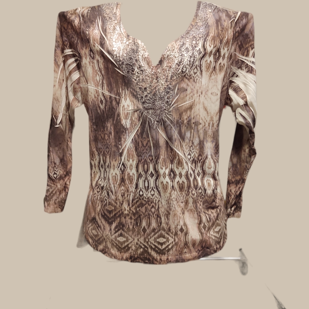 Chico size 3 , 3/4 sleeve blouse. Brown and tan and cream colored.